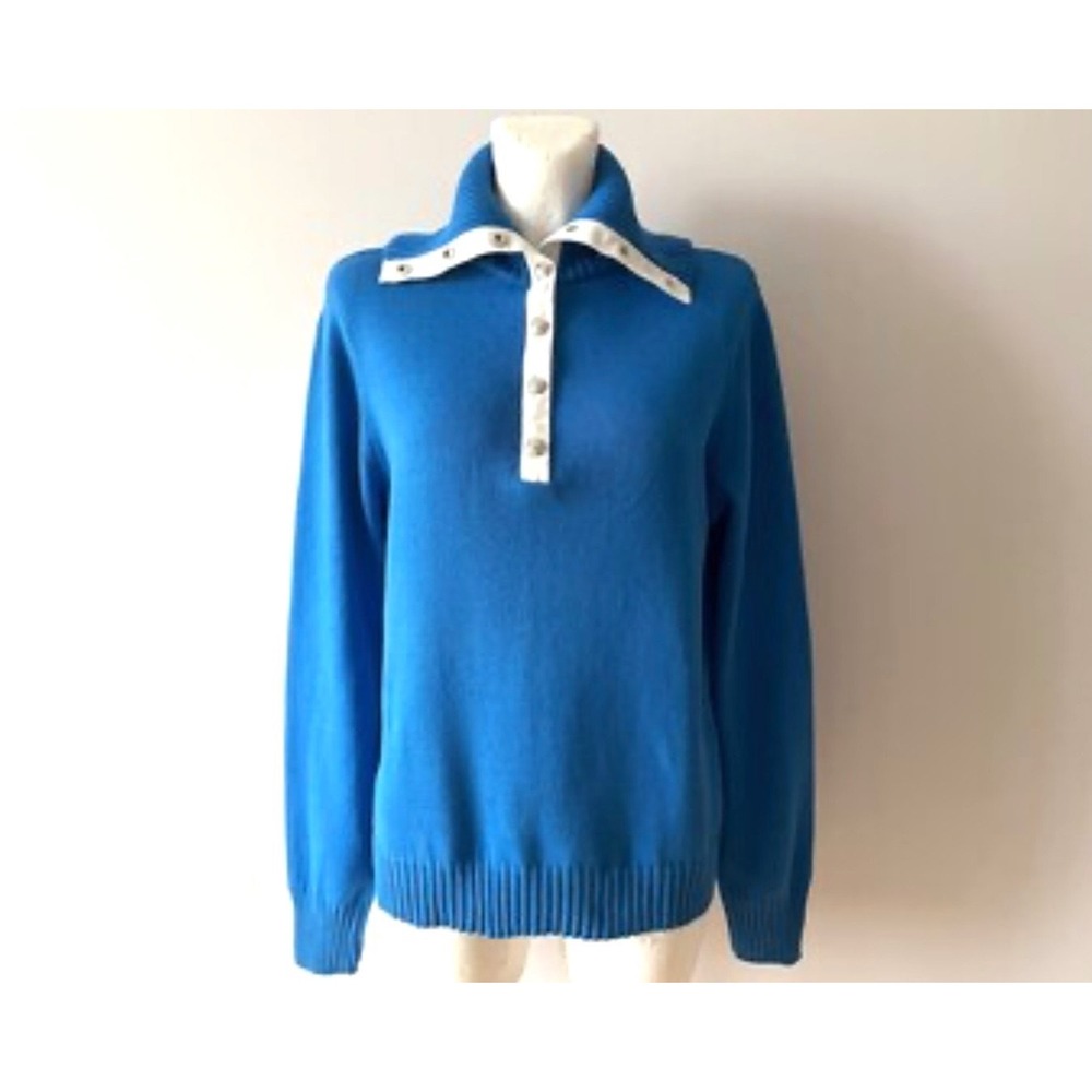 Lauren Ralph Lauren Royal Blue Cotton Snap Neck Sweater Contrast Trim Womens L